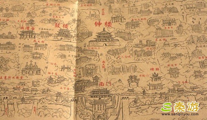 手绘西安城《忒色西安》西安手绘旅游地图西安